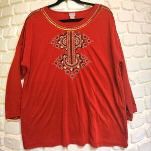 Chico's Burnt Orange Embroidered  Women's Tunic Top Sz 2/12